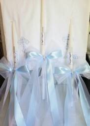 Personalized Greek Orthodox Baptism Set in Baby Blue, Embroidered Towel & Oil Sheet, 3 Candles, Bottle Soap
