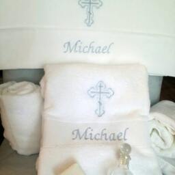 Personalized Greek Orthodox Baptism Set in Baby Blue, Embroidered Towel & Oil Sheet, 3 Candles, Bottle Soap - thumbnail 2
