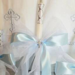 Personalized Greek Orthodox Baptism Set in Baby Blue, Embroidered Towel & Oil Sheet, 3 Candles, Bottle Soap - thumbnail 3
