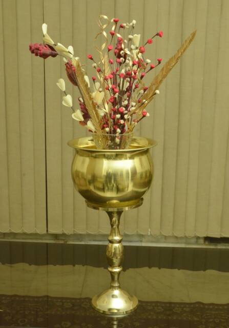 Handcrafted Brass Planter With Stand - Golden Plant Container With-Stand Flower Pot For Indoor/Outdoor - image 1