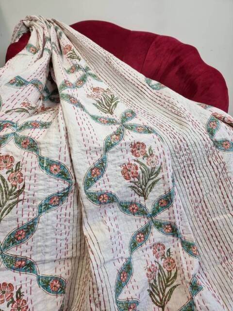 Kantha Stitch Pure Cotton Reversible Bed/Sofa Throw King Size Handmade Handprinted Floral Dohar White Aqua Peach Diamonds Twirl Daisy - image 1