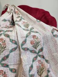 Kantha Stitch Pure Cotton Reversible Bed/Sofa Throw King Size Handmade Handprinted Floral Dohar White Aqua Peach Diamonds Twirl Daisy - thumbnail 1