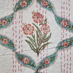 Kantha Stitch Pure Cotton Reversible Bed/Sofa Throw King Size Handmade Handprinted Floral Dohar White Aqua Peach Diamonds Twirl Daisy - thumbnail 3