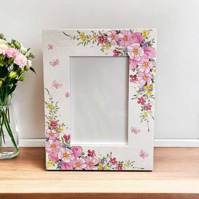 Pink Florals & Butterflies, Photo Frame, Floral Wooden Picture Gift, Home Decor - image 1