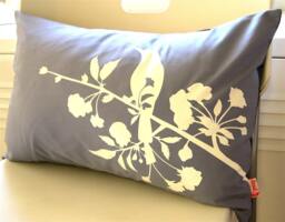 "Slate Cotton Pillow Bird & Blossom Print, Navy Back - 12"" X 18"