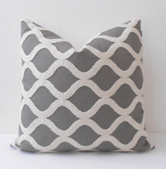 Gray & Cream Tufted Embroidered Geometric Trellis Decorative Pillow Cover - image 1