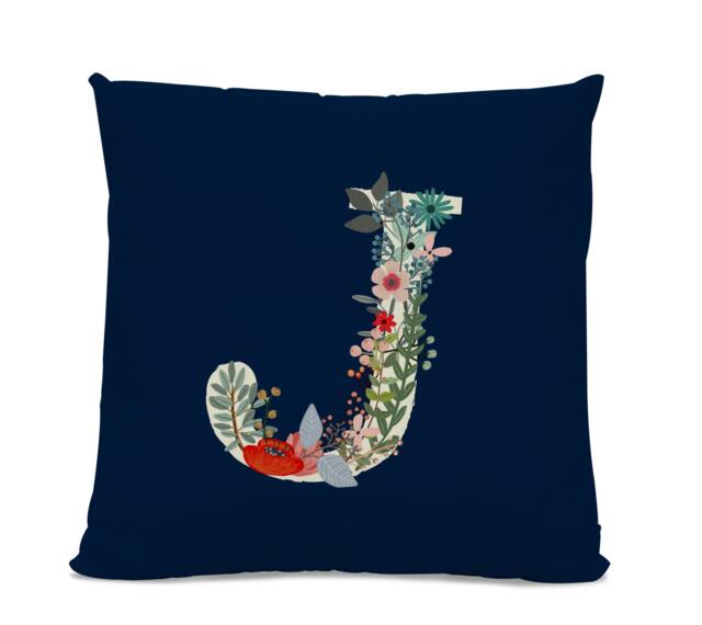 Initial Pillow - Floral Letter With J Monogrammed Custom Throw Flower Monogram