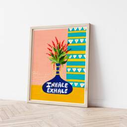 Inhale Exhale Art Print, Quote Original Colourful Wall Decor, Gifts For Her, Floral Home Blue Vase - thumbnail 2