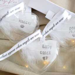 Personalised White Feather Hand Stamped Gift Boxed Heart Bauble/Glass Hanging Decoration Handmade in Memory Keepsake Christmas - thumbnail 2