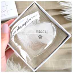 Personalised White Feather Hand Stamped Gift Boxed Heart Bauble/Glass Hanging Decoration Handmade in Memory Keepsake Christmas - thumbnail 1