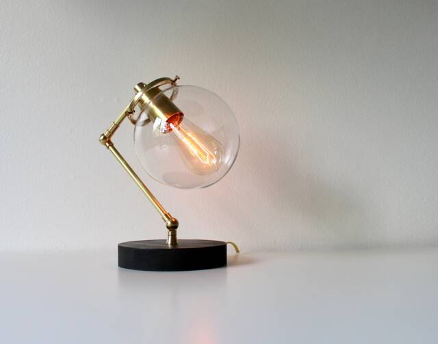 Brass Table Lamp, Industrial Desk Bubble Globe Glass Shade, Wooden Base, Lights, Minimalist Lighting By Bootsngus - image 1