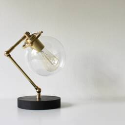 Brass Table Lamp, Industrial Desk Bubble Globe Glass Shade, Wooden Base, Lights, Minimalist Lighting By Bootsngus - thumbnail 2