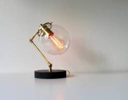 Brass Table Lamp, Industrial Desk Bubble Globe Glass Shade, Wooden Base, Lights, Minimalist Lighting By Bootsngus