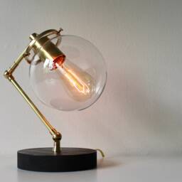 Brass Table Lamp, Industrial Desk Bubble Globe Glass Shade, Wooden Base, Lights, Minimalist Lighting By Bootsngus - thumbnail 3