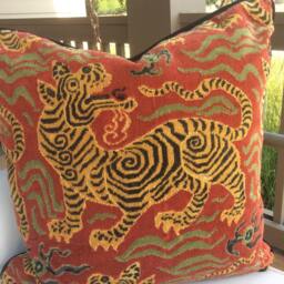 Clarence House Pillow Cover in Tibet Dragon(Small Scale Cinnabar With Black Velvet Cord & Back - thumbnail 2