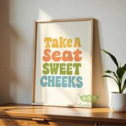 Take A Seat Sweet Cheeks Wall Art, Funny Bathroom Print, Playful Typography Decor, Mid Century Retro Whimsical Quote Poster - thumbnail 3