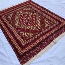 4x5 Taupe Red Square Handwoven Afghan Wool Rug - Dinning Room Kilim - thumbnail 4