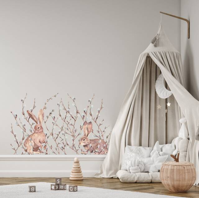 Willow Branch Bunny Rabbit Wall Decal Border - Easy To Apply Peel & Stick Botanical Stickers For Nursery Decoration Decor - image 1