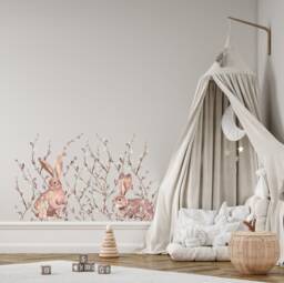 Willow Branch Bunny Rabbit Wall Decal Border - Easy To Apply Peel & Stick Botanical Stickers For Nursery Decoration Decor - thumbnail 1