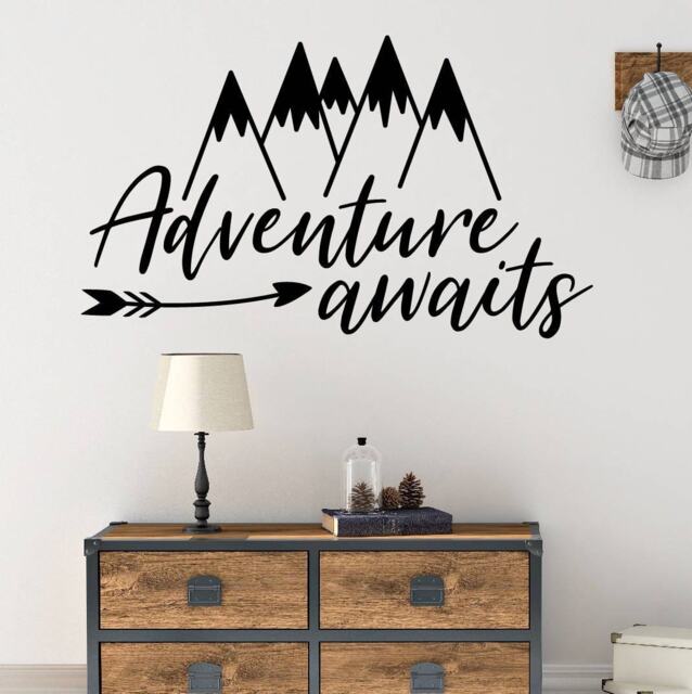 Mountain Wall Decal, Adventure Awaits Decor, Sticker, Playroom Art, Baby Shower Gift, Kids Room Camping Stickers