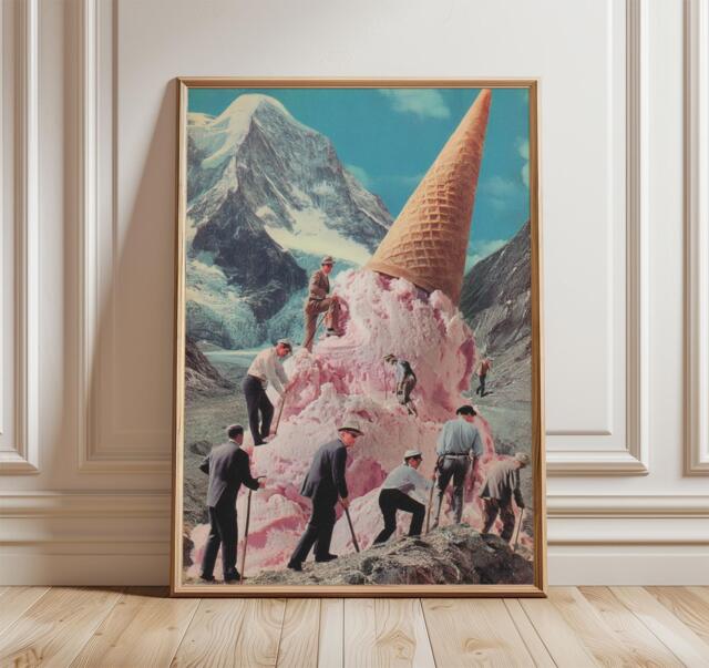 Surreal Ice Cream Mountain Art Print, Whimsical Collage Poster With Climbers, Dreamlike Fantasy Wall Art, Retro Surrealism Kitchen Decor - image 1