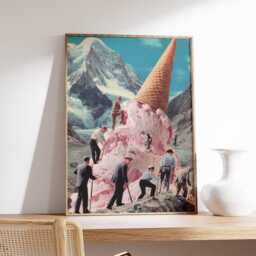 Surreal Ice Cream Mountain Art Print, Whimsical Collage Poster With Climbers, Dreamlike Fantasy Wall Art, Retro Surrealism Kitchen Decor - thumbnail 2