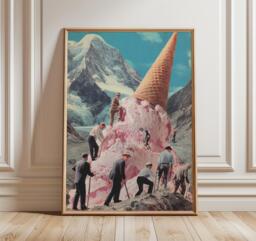 Surreal Ice Cream Mountain Art Print, Whimsical Collage Poster With Climbers, Dreamlike Fantasy Wall Art, Retro Surrealism Kitchen Decor - thumbnail 1