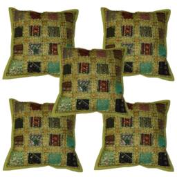 Cushion Cover Boho Indian Patchwork Embroidery Sequin Pillow Bohemian Pillows Designer Traditional Embroidered Cases Boho Throw - thumbnail 2