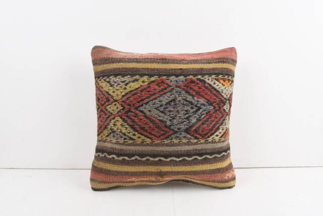 Vintage Turkish Kilim Pillow Cover Handwoven Wool Rug Cushion - 16x16 - image 1