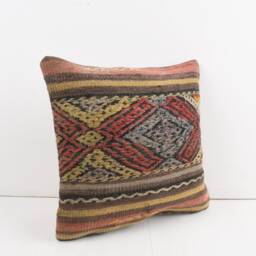 Vintage Turkish Kilim Pillow Cover Handwoven Wool Rug Cushion - 16x16 - thumbnail 2
