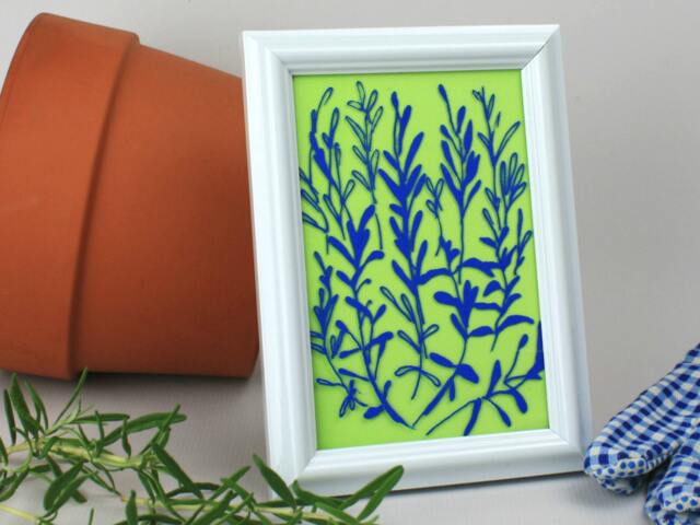Rosemary Herb Painting On Glass. Framed Botanical Line Art. Green & Blue Kitchen Wall Decor. Home Gift Under 20 For Male Or Female Cook - image 1
