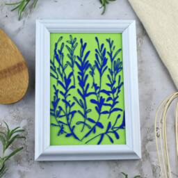 Rosemary Herb Painting On Glass. Framed Botanical Line Art. Green & Blue Kitchen Wall Decor. Home Gift Under 20 For Male Or Female Cook - thumbnail 2