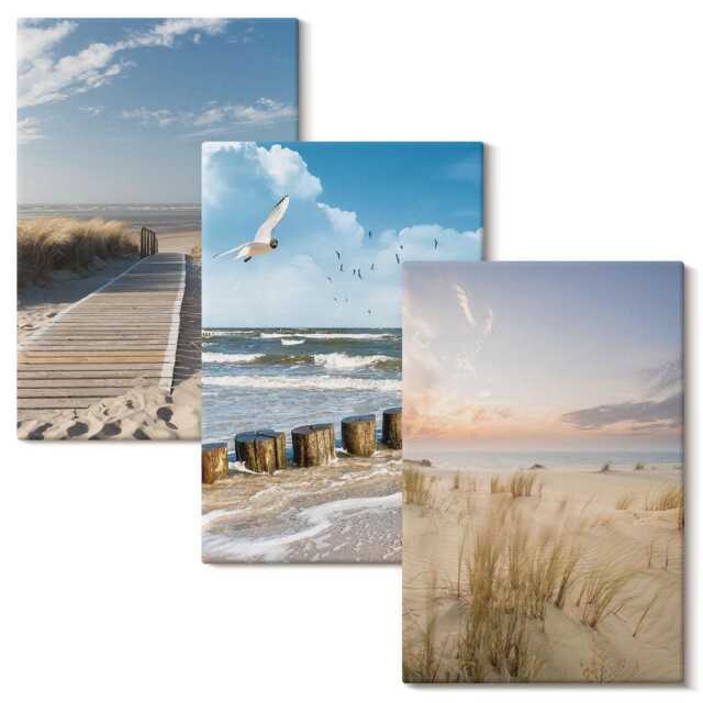 Canvas Wall Art Set Of 3 - Beach With Sand, Waves, Sky & Birds in Flight, Blue Photo Print, Landscapes Decor - image 1