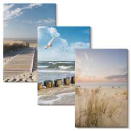 Canvas Wall Art Set Of 3 - Beach With Sand, Waves, Sky & Birds in Flight, Blue Photo Print, Landscapes Decor - thumbnail 1