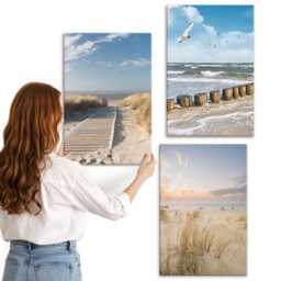 Canvas Wall Art Set Of 3 - Beach With Sand, Waves, Sky & Birds in Flight, Blue Photo Print, Landscapes Decor - thumbnail 2