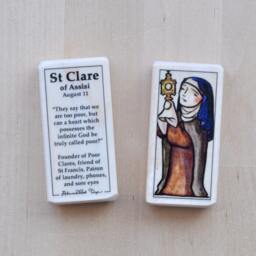 st Clare Of Assisi Patron Saint Block With Gift Bag // Patron Phones, Laundry, & Against Sore Eyes Catholic Toys By Almondrod