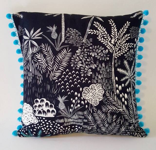 Tropical Forest, Cactus, Succulents, Pineapples, Pillow Cushion Cover, Pom Trim. Premium Quality. Designer Fabric - image 1