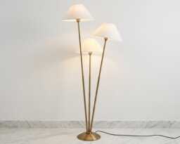 Floor Lamp in Antique Brass Color Triple Head With White Fabric Shades Foot Switch & Corded Plug Lighting For Living Room Bedroom
