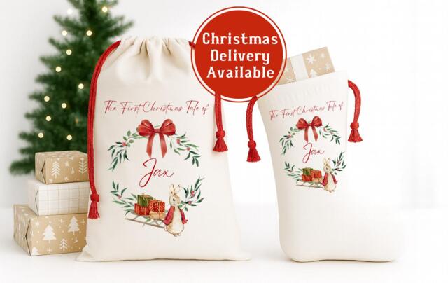 Personalised Christmas Stockings Peter Rabbit Gift For Kids, Family Xmas Eve Sack Name Gifts - image 1