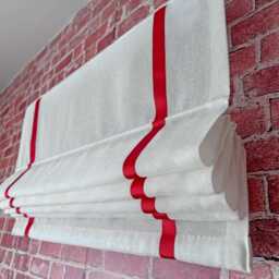 Sheer Faux Linen Roman Shade, Champagne With Red Grosgrain Ribbon - thumbnail 4