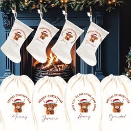 Personalised Highland Cow Christmas Stocking Decorations. Cute Stockings For Her, Him & Family Decor Gifts - thumbnail 2