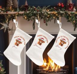 Personalised Highland Cow Christmas Stocking Decorations. Cute Stockings For Her, Him & Family Decor Gifts - thumbnail 1