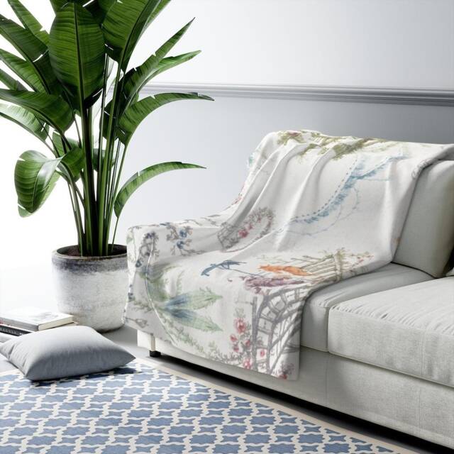 Chinoiserie Fleece Lined Blanket - Ancient Chinese Romantic Garden Art Vintage Throw Antique Botanical Printed Home Decoration - image 1