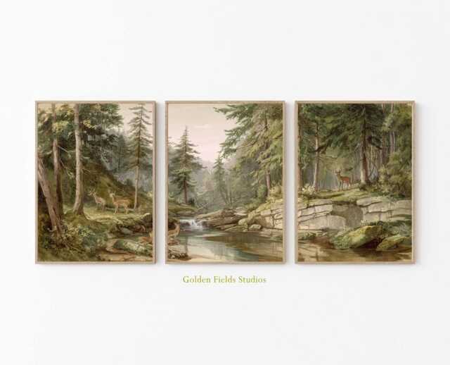 Vintage Forest Deer Print Set Rustic Woodland Landscape Wall Art - image 1