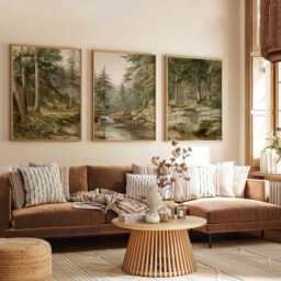 Vintage Forest Deer Print Set Rustic Woodland Landscape Wall Art - thumbnail 3