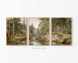 Vintage Forest Deer Print Set Rustic Woodland Landscape Wall Art - thumbnail 1