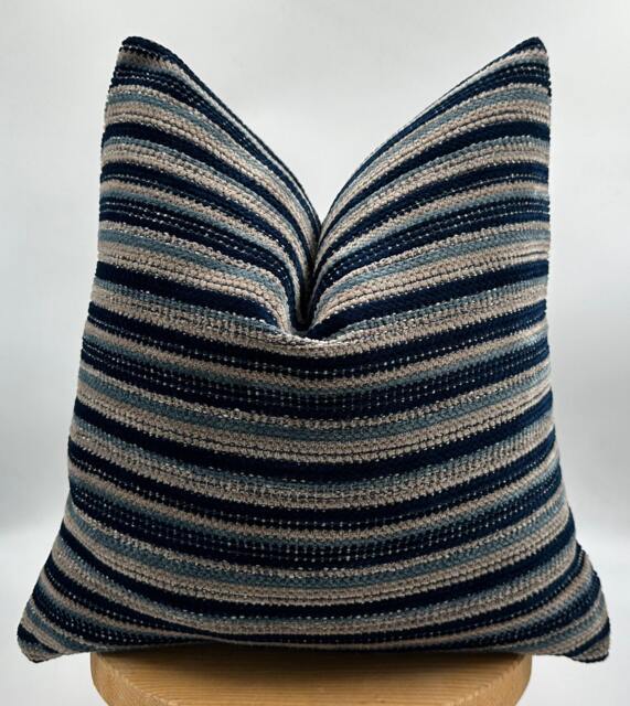 Textured Navy Blue Striped Pillow Cover, Cotton Wool Blend, All Size - image 1
