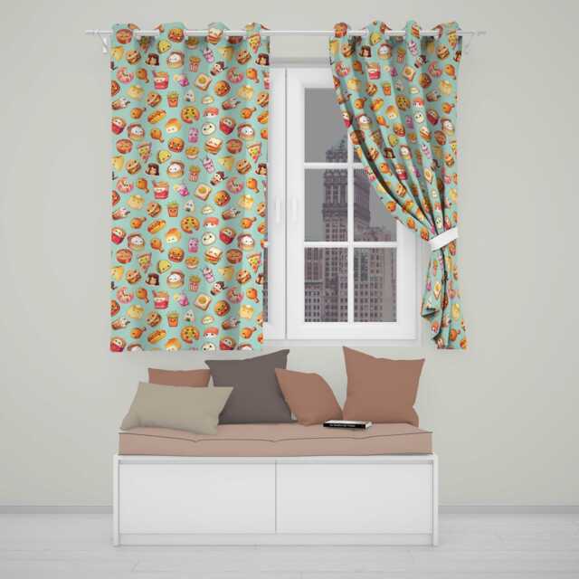 Cute Kawaii Fast Food Snacks Gingham Picnic Teal Background Seamless Pattern Readymade Eyelet Ring Top Thermal 100% Blackout Curtains - image 1