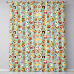 Cute Kawaii Fast Food Snacks Gingham Picnic Teal Background Seamless Pattern Readymade Eyelet Ring Top Thermal 100% Blackout Curtains - thumbnail 2