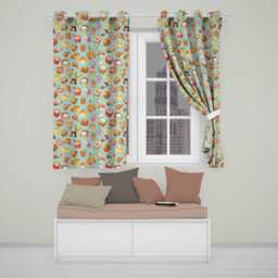 Cute Kawaii Fast Food Snacks Gingham Picnic Teal Background Seamless Pattern Readymade Eyelet Ring Top Thermal 100% Blackout Curtains